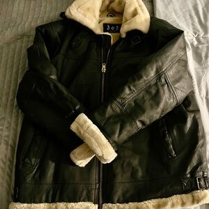 Dark brown Leather Aviator Jacket with Cream Lining